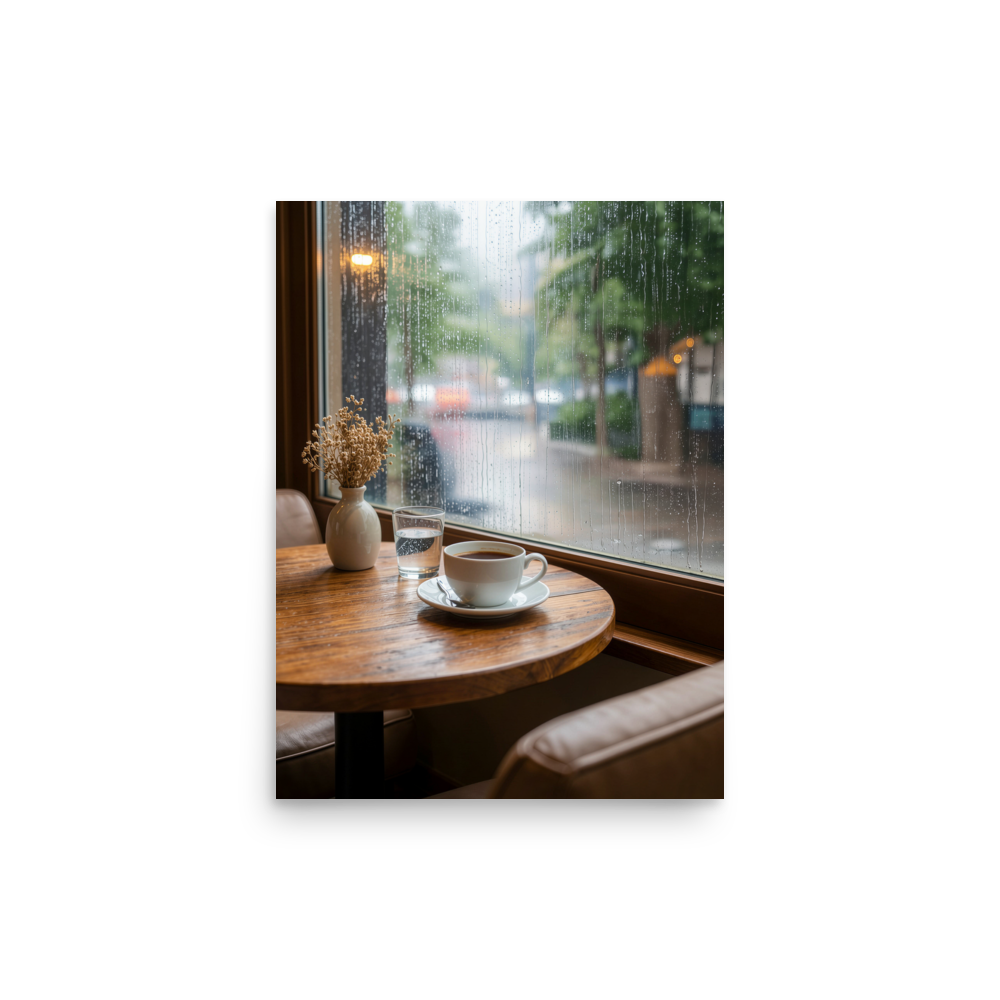 Rainy day cafe wall art print, coffee cup on wooden table by rain window, calm aesthetic poster, JMTR Jeometry Store