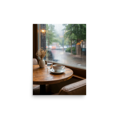 Rainy day cafe wall art print, coffee cup on wooden table by rain window, calm aesthetic poster, JMTR Jeometry Store