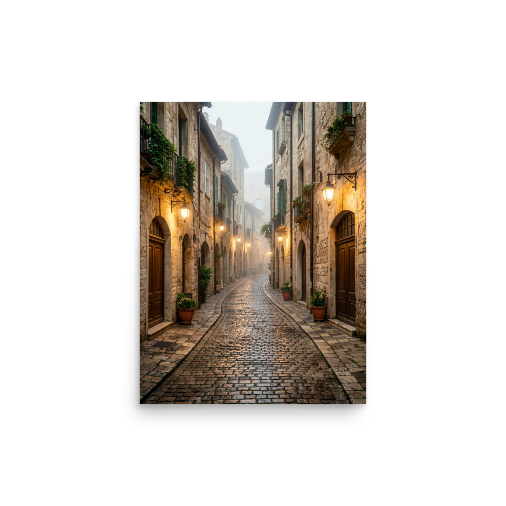 Italian village cobblestone street wall art print, warm lanterns foggy alley calm aesthetic poster, JMTR Jeometry Store