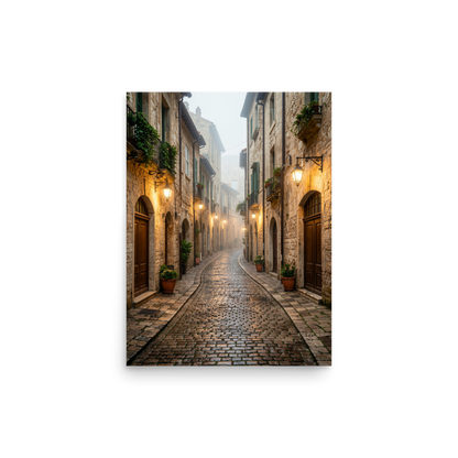 Italian village cobblestone street wall art print, warm lanterns foggy alley calm aesthetic poster, JMTR Jeometry Store