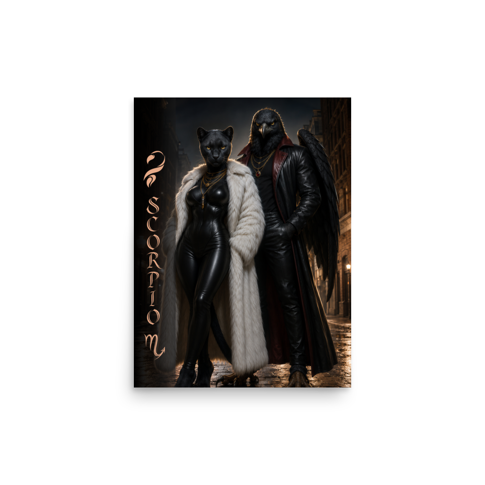 Scorpio power couple zodiac poster with black panther and black eagle