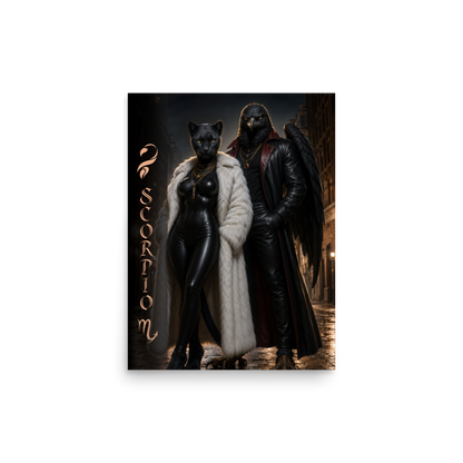 Scorpio power couple zodiac poster with black panther and black eagle