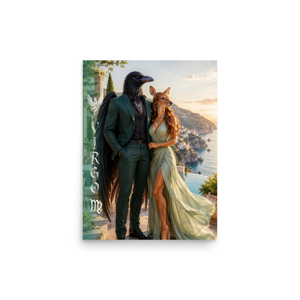 Virgo power couple zodiac poster with raven king and deer queen