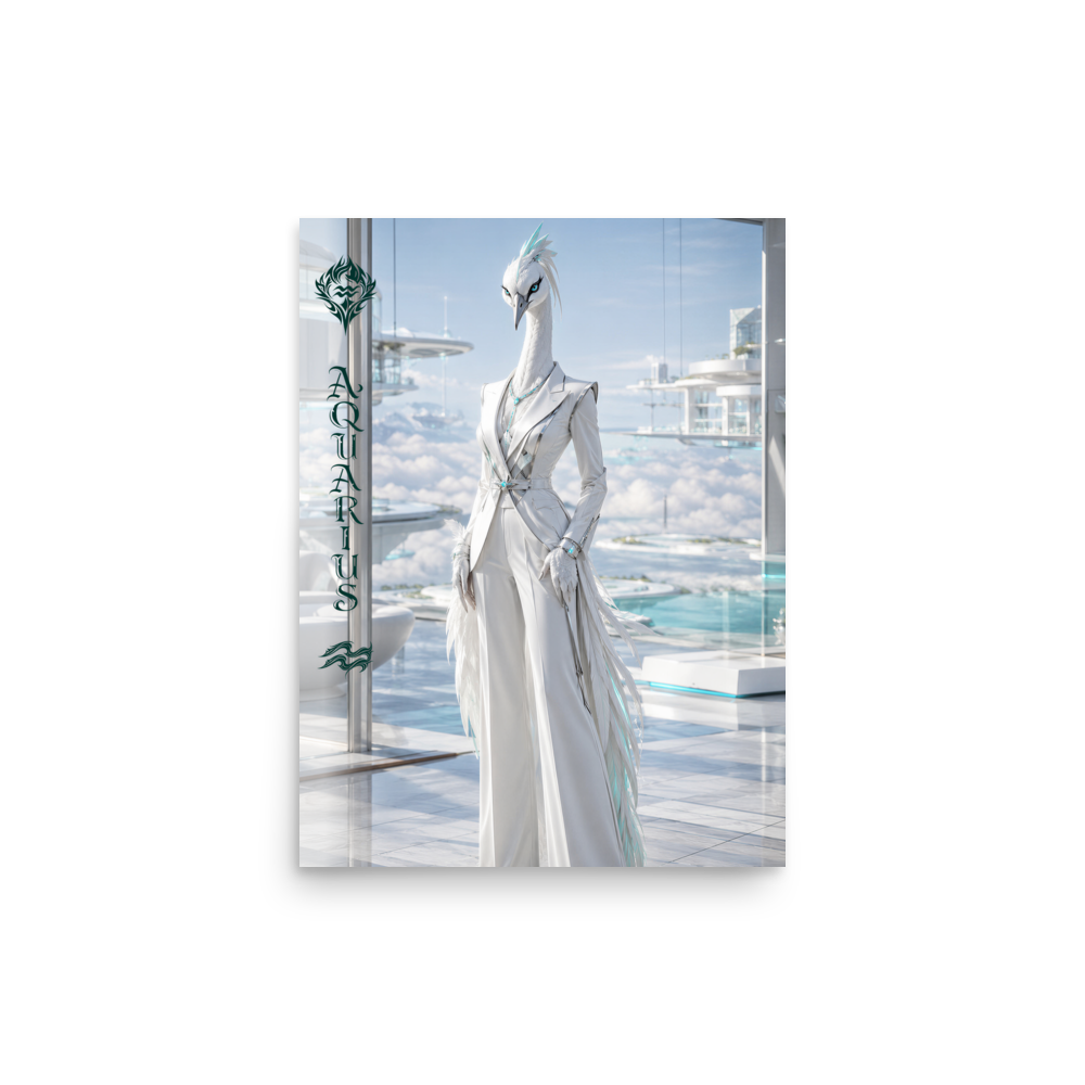 Aquarius woman zodiac poster featuring a white crane standing above the clouds in a futuristic celestial city