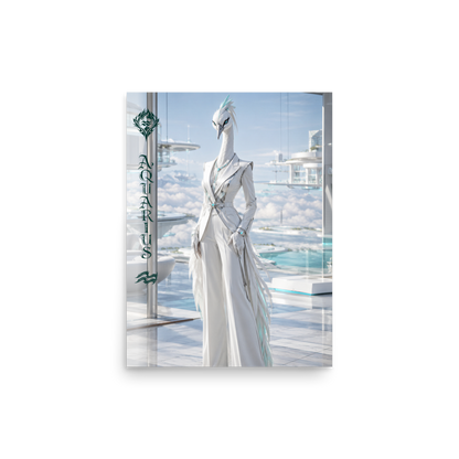 Aquarius woman zodiac poster featuring a white crane standing above the clouds in a futuristic celestial city