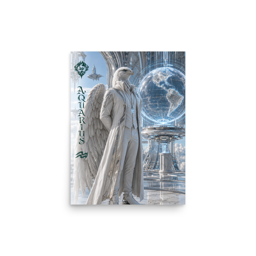 Aquarius man zodiac poster featuring a white eagle standing before a glowing world in a futuristic celestial city