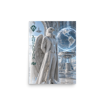 Aquarius man zodiac poster featuring a white eagle standing before a glowing world in a futuristic celestial city