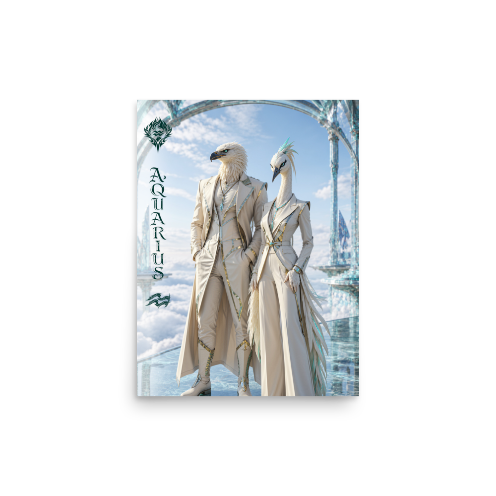 Aquarius power couple zodiac poster with eagle king and crane queen