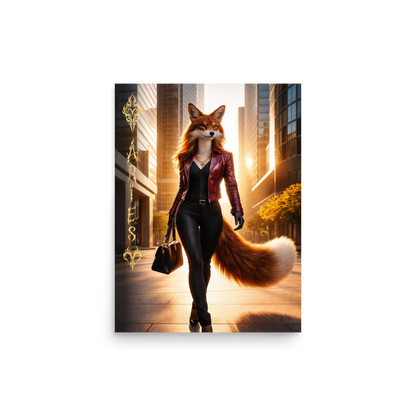 Aries fox woman zodiac poster walking through a modern city at sunset