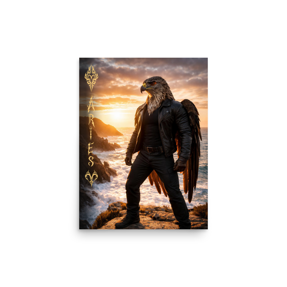 Aries man poster featuring a powerful eagle figure standing above ocean cliffs at sunset, symbolizing strength, courage, and leadership.