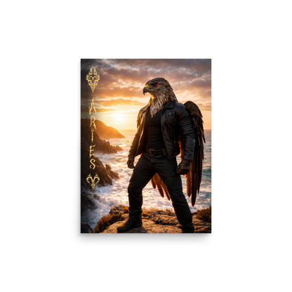 Aries man poster featuring a powerful eagle figure standing above ocean cliffs at sunset, symbolizing strength, courage, and leadership.