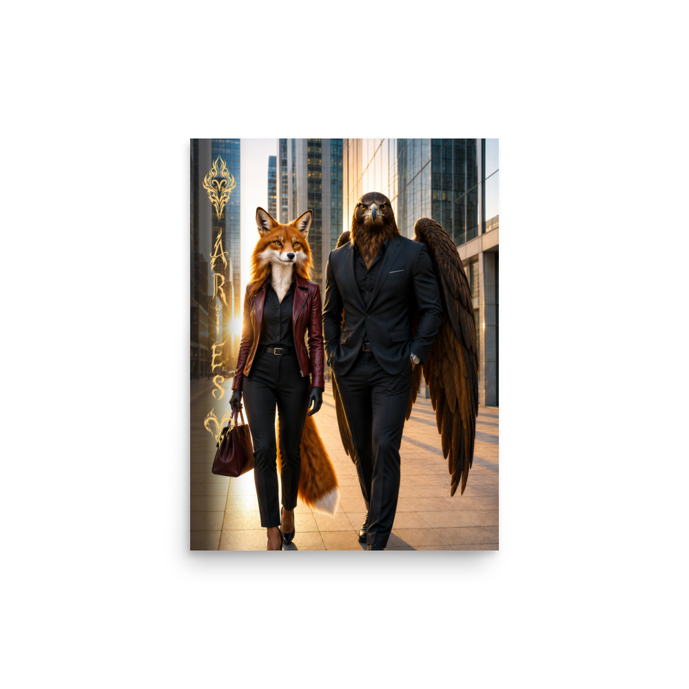 Aries power couple poster featuring eagle and fox archetypes walking together through a modern city, symbolizing strength, ambition, and partnership.