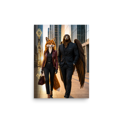 Aries power couple poster featuring eagle and fox archetypes walking together through a modern city, symbolizing strength, ambition, and partnership.