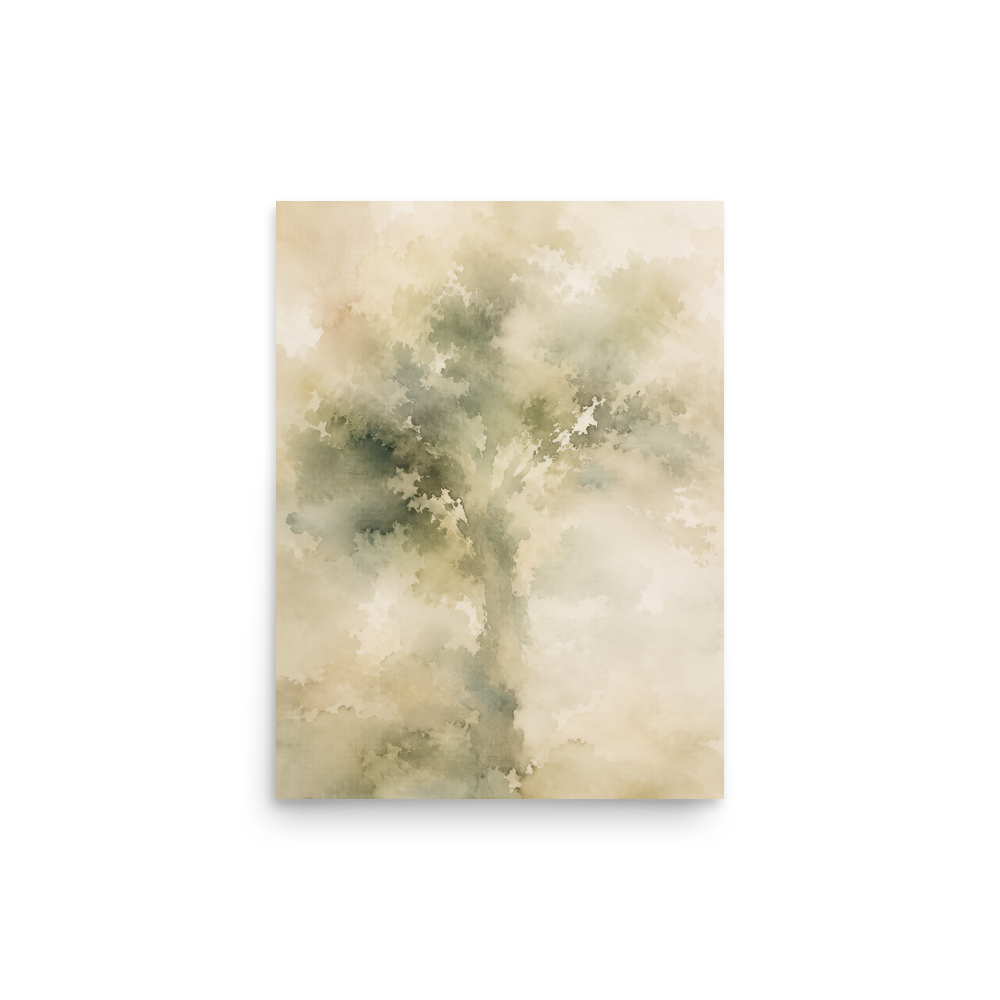 Minimalist nature-inspired poster with a softly emerging tree form in muted green and warm neutral tones