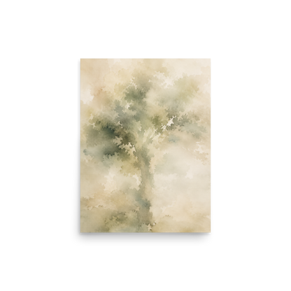 Minimalist nature-inspired poster with a softly emerging tree form in muted green and warm neutral tones