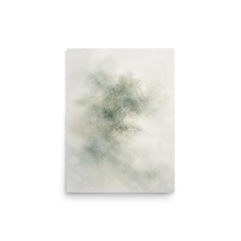 Minimalist watercolor-inspired artwork with a softly emerging tree form and subtle neutral tones.