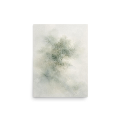 Minimalist watercolor-inspired artwork with a softly emerging tree form and subtle neutral tones.