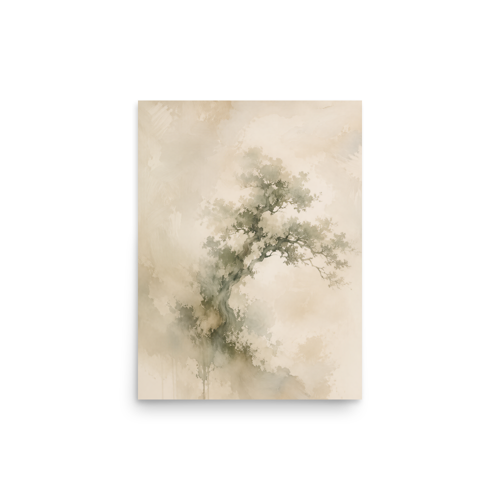 Minimalist nature-inspired poster featuring an emerging tree form in soft earthy neutral tones.