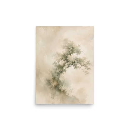 Minimalist nature-inspired poster featuring an emerging tree form in soft earthy neutral tones.