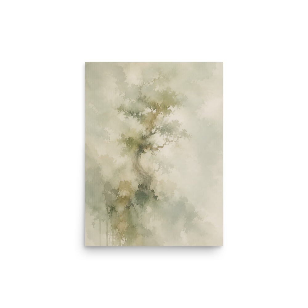 Minimalist nature-inspired poster featuring a softly emerging tree form in muted neutral tones and organic watercolor textures.