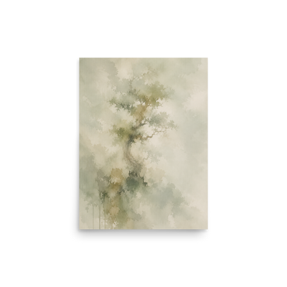 Minimalist nature-inspired poster featuring a softly emerging tree form in muted neutral tones and organic watercolor textures.