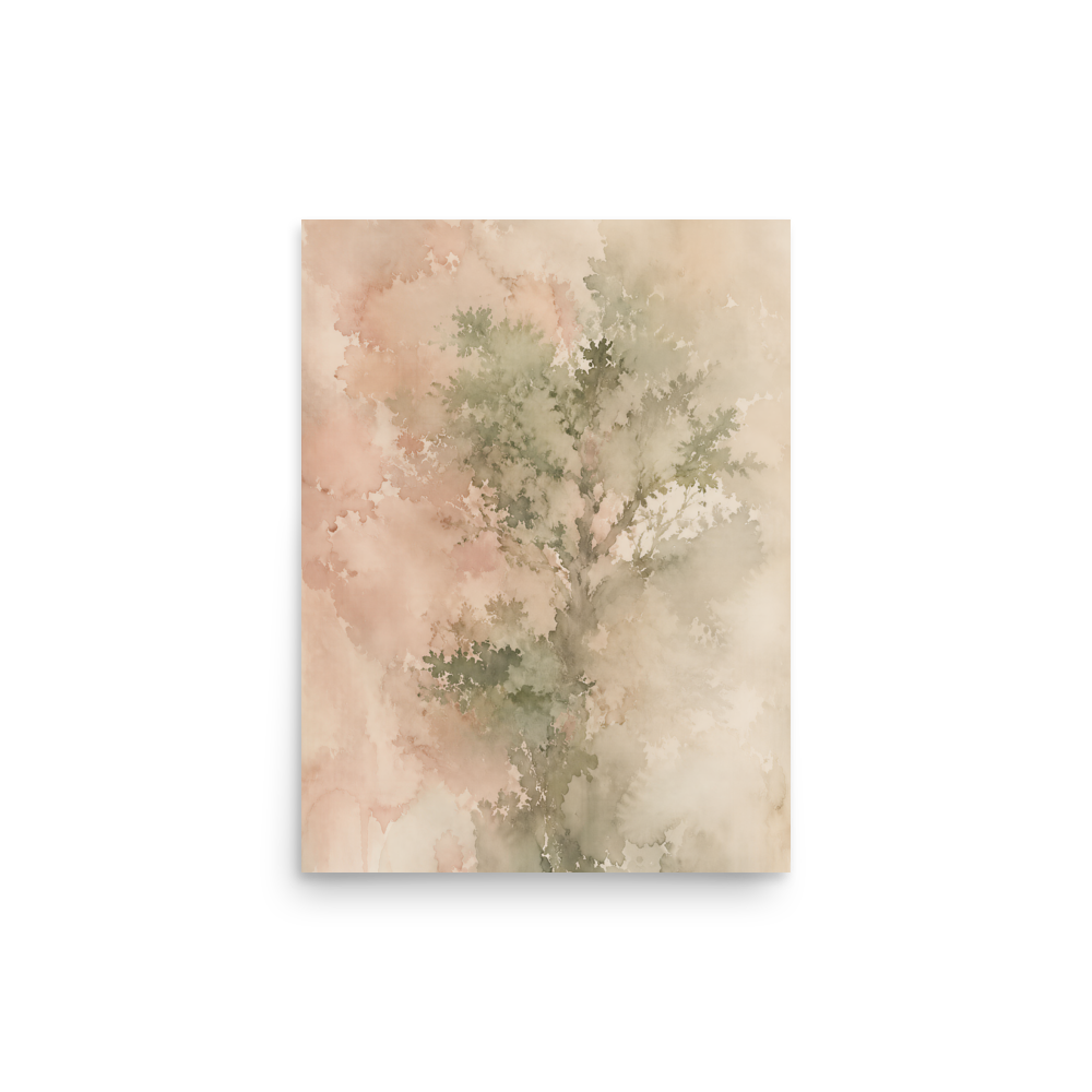 Minimalist nature-inspired poster featuring a softly emerging tree form in blush, sage, and warm neutral tones.