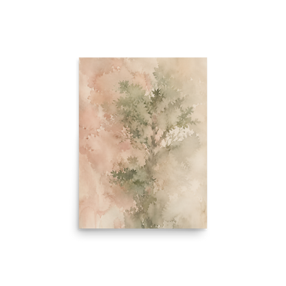 Minimalist nature-inspired poster featuring a softly emerging tree form in blush, sage, and warm neutral tones.