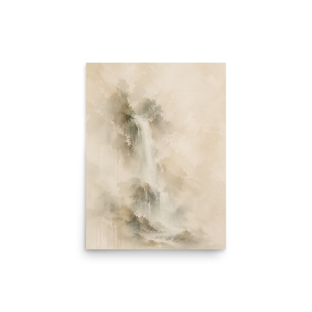 Minimalist waterfall-inspired poster featuring soft flowing forms in warm neutral and muted earth tones.