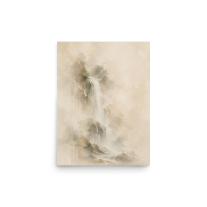 Minimalist waterfall-inspired poster featuring soft flowing forms in warm neutral and muted earth tones.