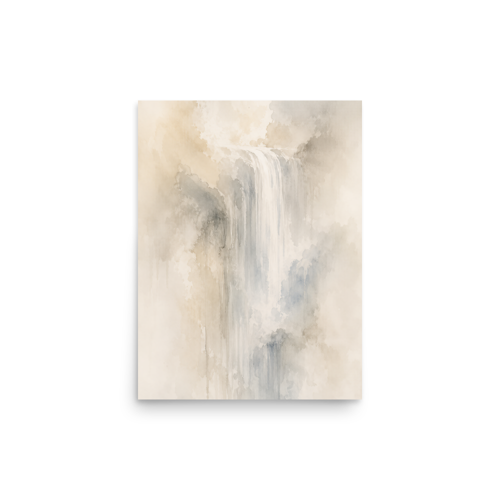 Minimalist waterfall-inspired poster with soft flowing forms in warm neutrals, misty blues, and subtle organic textures.