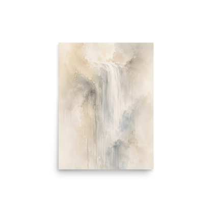 Minimalist waterfall-inspired poster with soft flowing forms in warm neutrals, misty blues, and subtle organic textures.