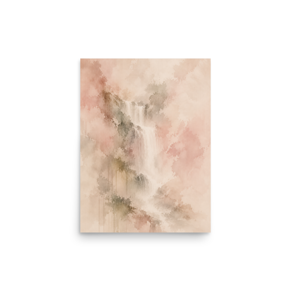 Minimalist waterfall-inspired poster featuring soft flowing forms in blush, warm neutral, and muted earth tones.