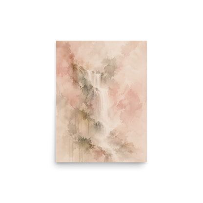 Minimalist waterfall-inspired poster featuring soft flowing forms in blush, warm neutral, and muted earth tones.