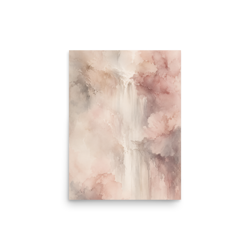 Minimalist waterfall-inspired poster featuring soft flowing forms in blush pink, warm neutrals, and muted earth tones.
