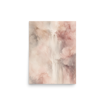 Minimalist waterfall-inspired poster featuring soft flowing forms in blush pink, warm neutrals, and muted earth tones.