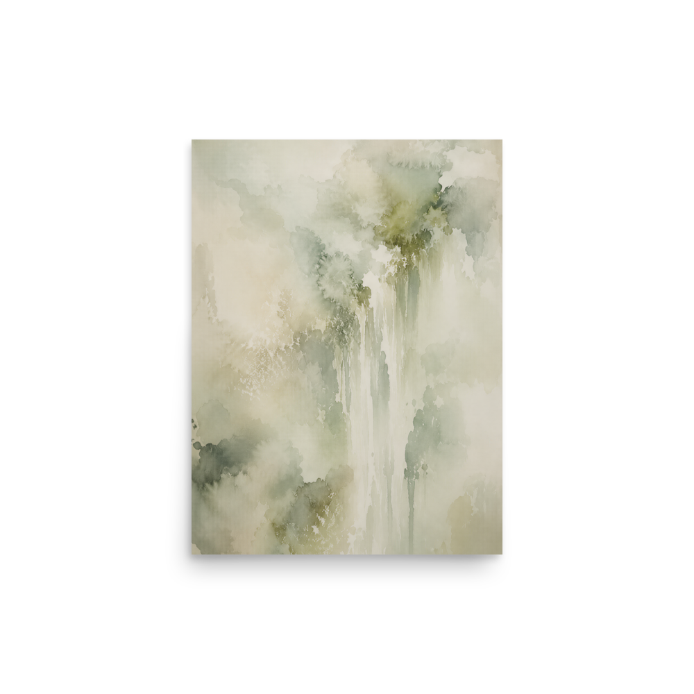 Minimalist waterfall-inspired poster featuring soft flowing forms in sage green, warm neutrals, and muted natural tones.