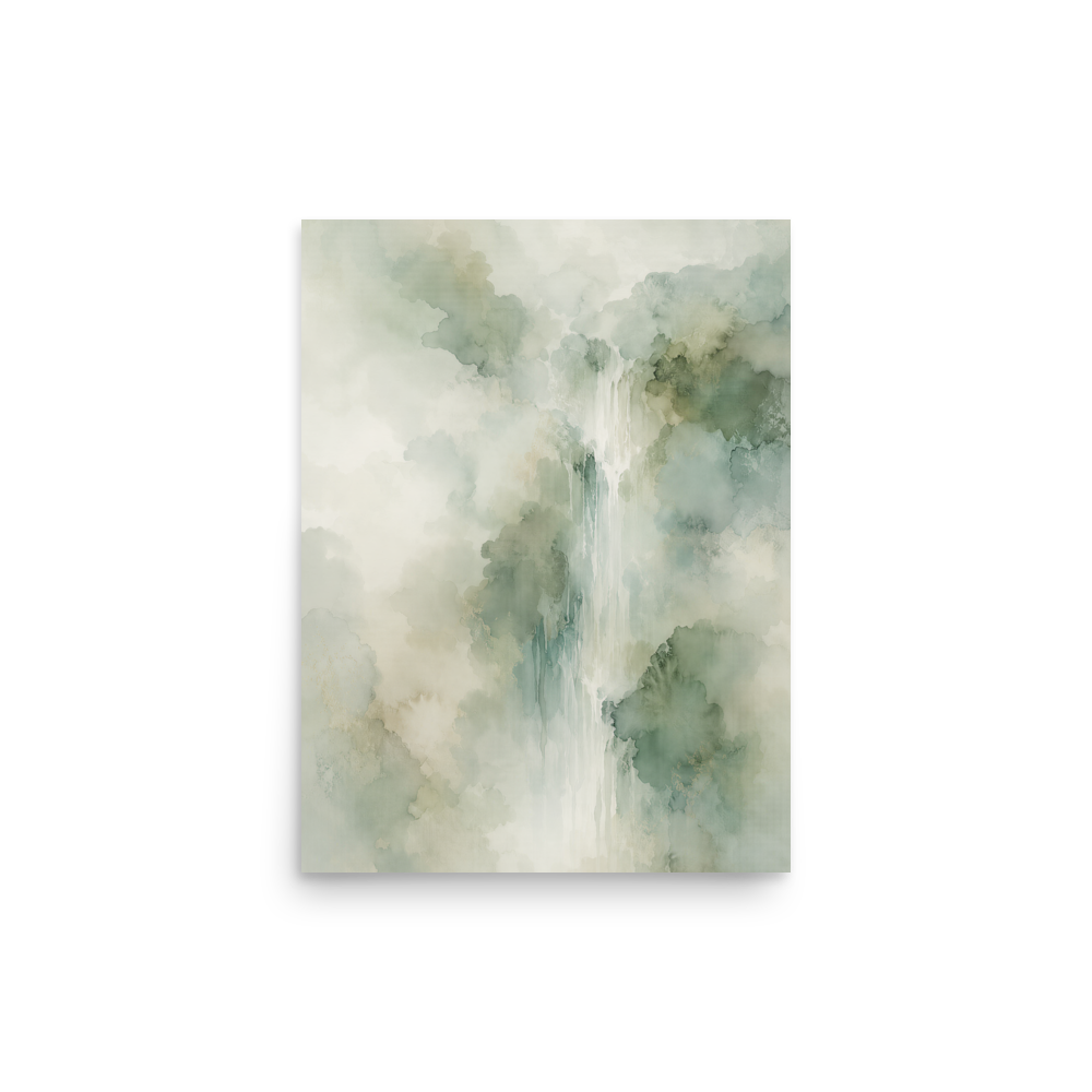 Minimalist waterfall-inspired poster with soft sage green tones, flowing water, and organic watercolor textures.