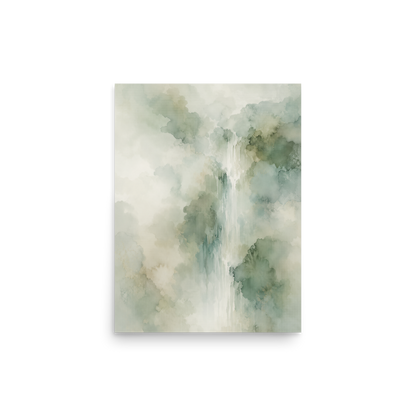 Minimalist waterfall-inspired poster with soft sage green tones, flowing water, and organic watercolor textures.