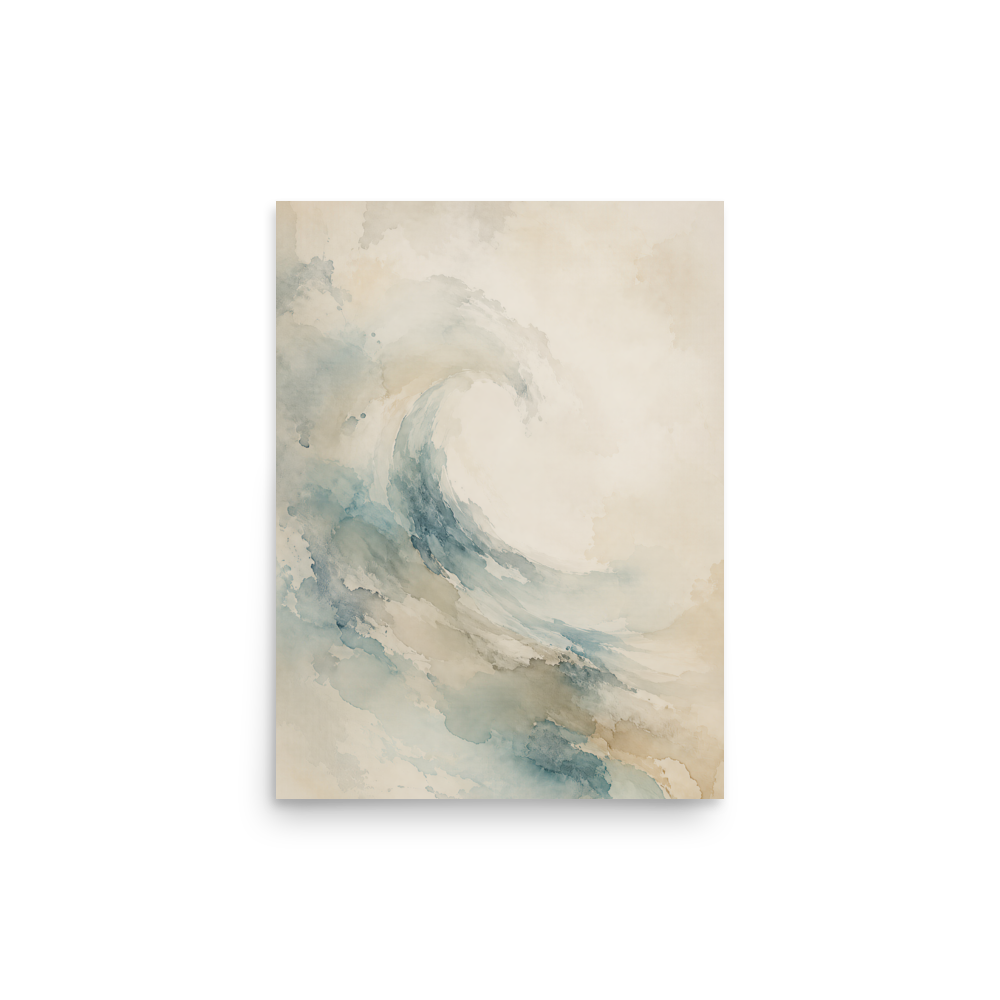 Minimalist ocean wave-inspired poster with flowing watercolor textures in soft blue, sand, and warm neutral tones.