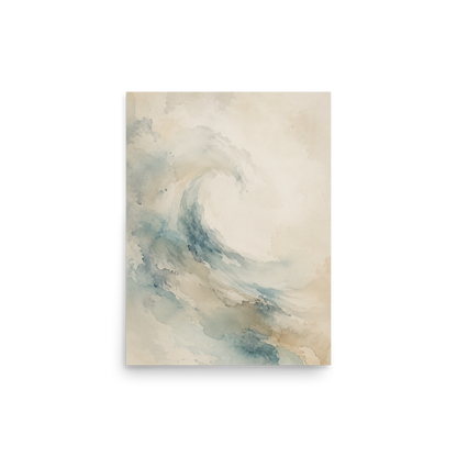 Minimalist ocean wave-inspired poster with flowing watercolor textures in soft blue, sand, and warm neutral tones.