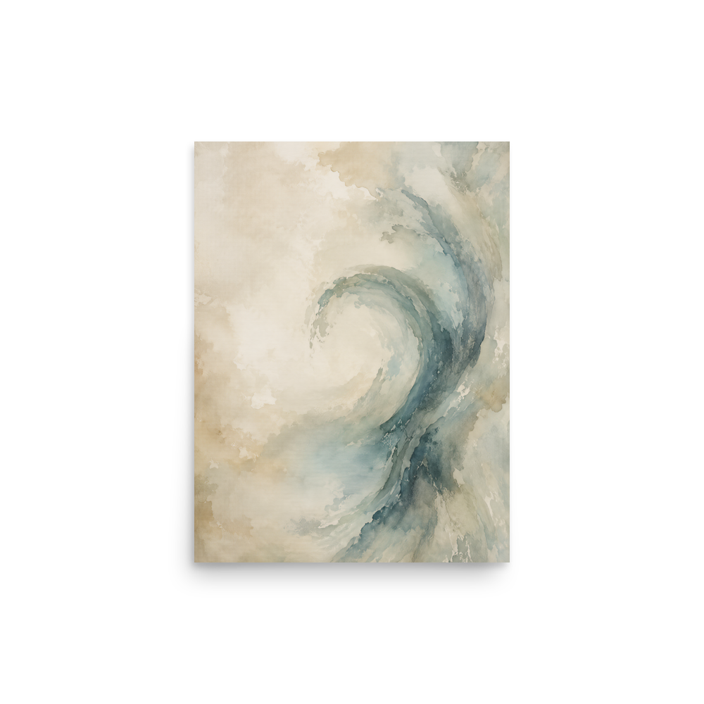Minimalist ocean wave-inspired poster with flowing watercolor textures in soft blue, ivory, and warm neutral tones.
