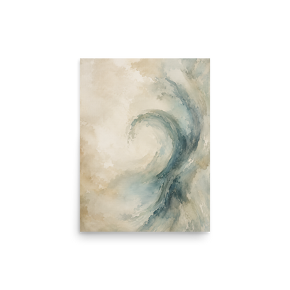 Minimalist ocean wave-inspired poster with flowing watercolor textures in soft blue, ivory, and warm neutral tones.