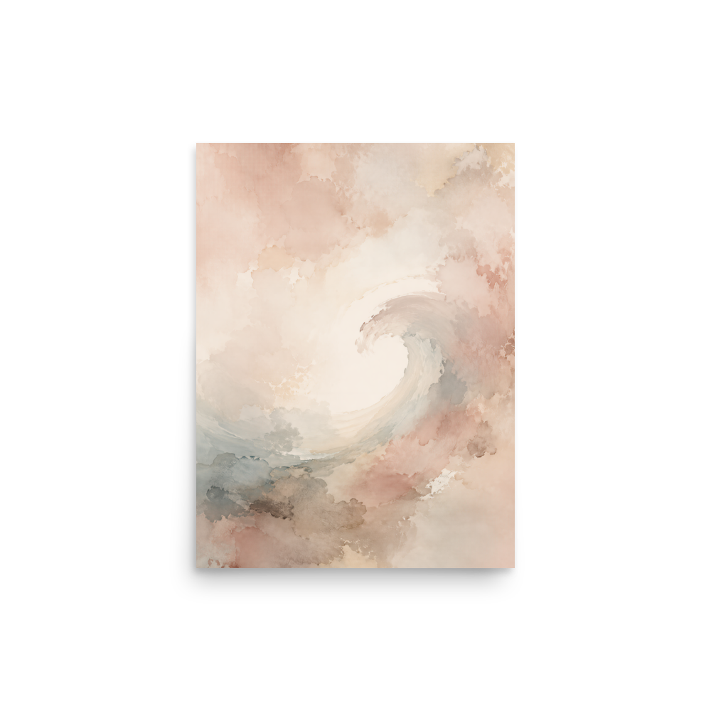 Minimalist ocean wave-inspired poster with flowing watercolor textures in blush, soft blue, and warm neutral tones.