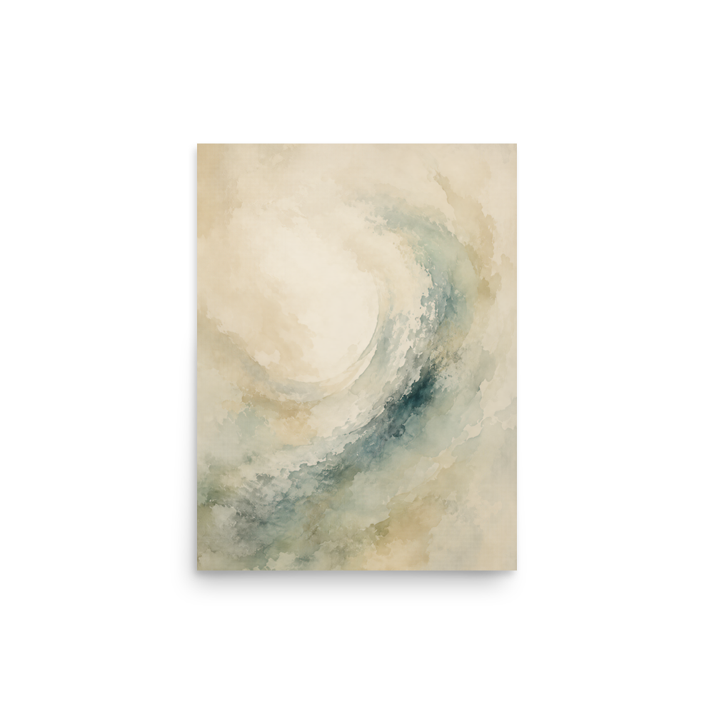 Minimalist ocean wave-inspired poster with flowing watercolor textures in soft blue, sage, and warm neutral tones.