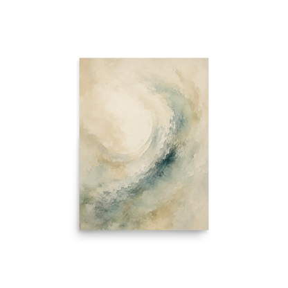 Minimalist ocean wave-inspired poster with flowing watercolor textures in soft blue, sage, and warm neutral tones.
