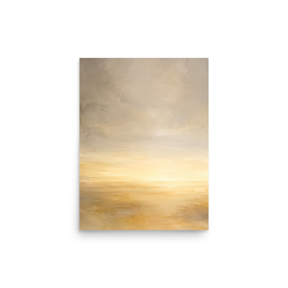 Minimalist sunrise poster featuring a glowing ocean horizon with soft watercolor textures in warm gold, ivory, and neutral tones.