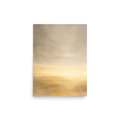 Minimalist sunrise poster featuring a glowing ocean horizon with soft watercolor textures in warm gold, ivory, and neutral tones.