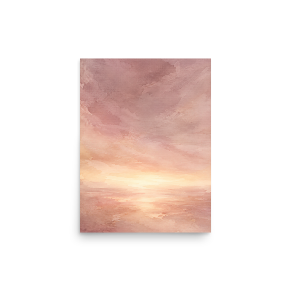 Minimalist sunrise poster with a glowing blush ocean horizon and soft watercolor textures in pink, peach, and warm neutral tones.