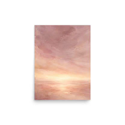 Minimalist sunrise poster with a glowing blush ocean horizon and soft watercolor textures in pink, peach, and warm neutral tones.