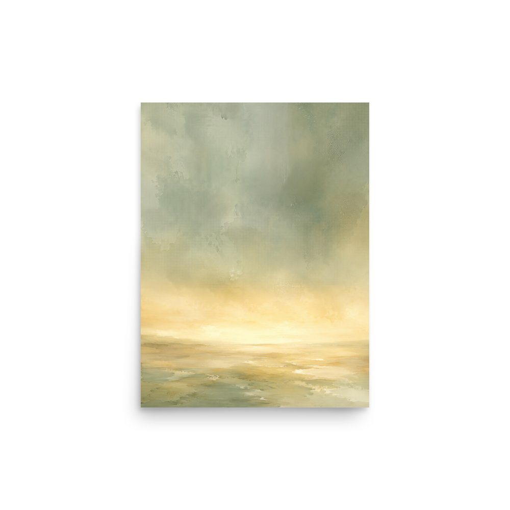 Minimalist sunrise poster featuring a glowing ocean horizon with soft sage green, warm gold, and watercolor textures.
